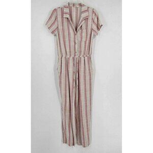 Sky and Sparrow Button Top Elastic Tie Waist Striped Jumpsuit Cream Red Sz Lg